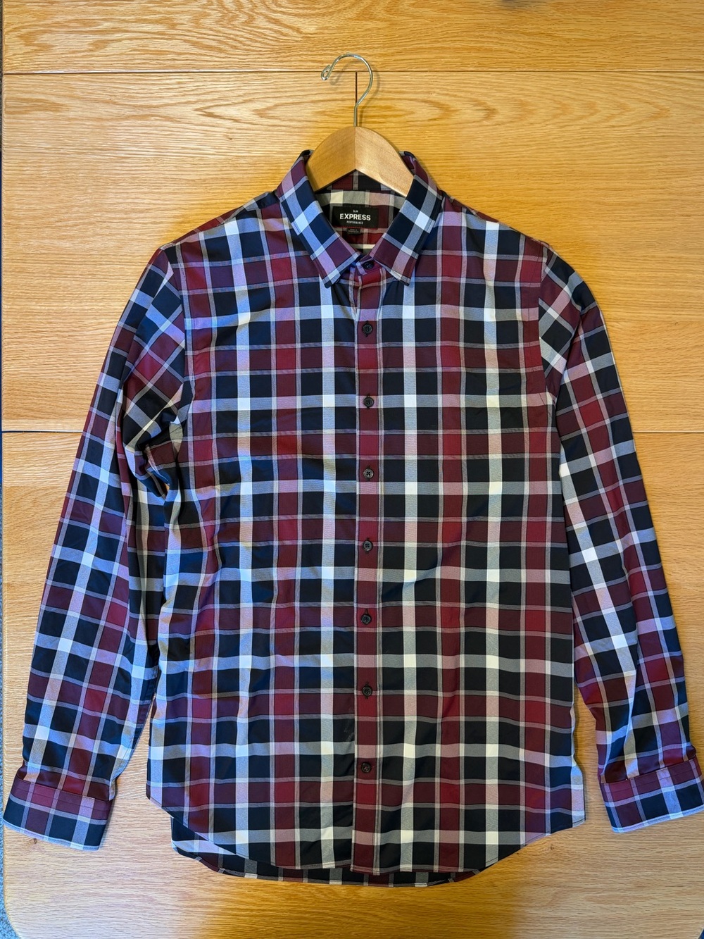 Express Men's Performance Slim Fit Stretch Plaid Shirt Burgundy Navy M EUC